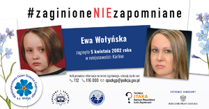 Grafika przedstawia dwa zdjęcia Ewy: jedno z dnia, kiedy zaginęła – dziewczynki. Drugie – to progresja wiekowa, pokazująca jak mogłaby wyglądać dziś, jako dorosła kobieta.