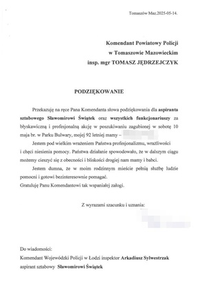 Treść podziękowań dla aspiranta sztabowego Sławomira Świątka.