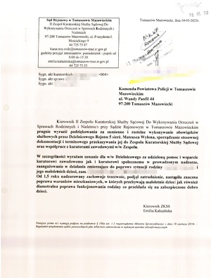 Podziękowania Kuratorskiej Służby Sądowej z Tomaszowa Mazowieckiego dla dzielnicowego rejonu 5 sierżanta Mateusza Wylona.