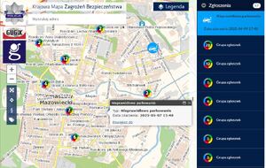 Zrzut ekranowy, aplikacji Krajowej Mapy Zagrożeń Bezpieczeństwa. Widoczny obszar to Tomaszów Mazowiecki i okolice.