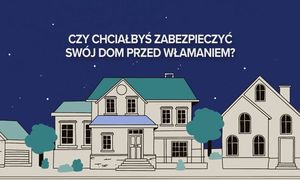 Grafika, na której widoczne są budynki mieszkalne a nad nimi napis: Czy chciałbyś zabezpieczyć swój dom przed włamaniem?