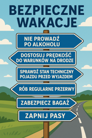 Grafika, drogowskaz z informacjami promującymi odpowiedzialne postawy zapewniające bezpieczeństwo podczas wakacji.