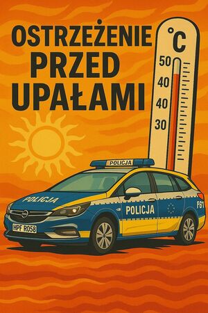 Grafika ostrzegamy przed upałami, radiowóz, termometr i słońce.