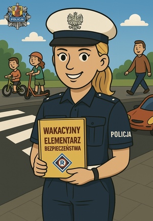 Kolorowa grafika, przedstawiająca policjantkę ruchu drogowego , która w  rękach trzyma elementarz, książkę. W tle dzieci na hulajnodze, rowerze, pieszy, samochód i przejście dla pieszych.