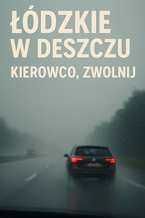 Łódzkie w deszczu, kierowco zwolnij, grafika samochód jedzie w deszczu.