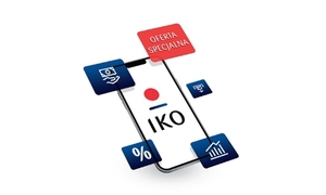 Grafika przedstawia telefon komórkowy, na którego ekranie wyświetla się logo IKO. Nad prawym górnym rogiem telefonu napis oferta specjalna.