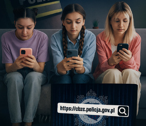 Trzy dziewczynki patrzące w ekrany smartfonów trzymanych w dłoniach, siedzące na sofie.