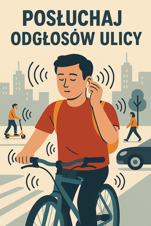 Mężczyzna z plecakiem na plechach na rowerze i z słuchawką w uchu, w tle inni użytkownicy ruchu. Kolorowa grafika.