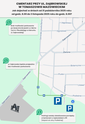 Mapa dojazdu do cmentarza przy ulicy Dąbrowskiej w Tomaszowie Maz.