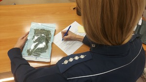 Funkcjonariuszka policji podczas oględzin zabezpieczonych substancji.