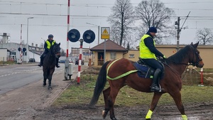 Umundurowany patrol policji konnej na przejeździe kolejowym.