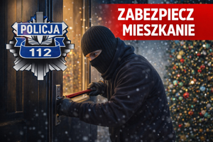 Świąteczna grafika prezentująca włamywacza usiłującego podważyć drzwi, w tle logo gwiazdy policyjnej z numerem alarmowym 112.