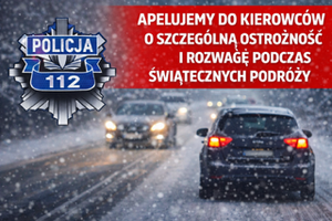 Grafika przedstawiająca poruszające się po zaśnieżonej drodze pojazdy, w tle gwiazda policyjna.