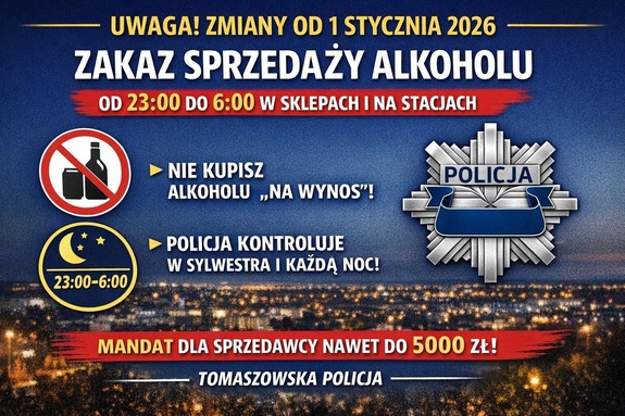 Grafika dotycząca obowiązującej w Tomaszowie Mazowieckim nocnej prohibicji.
