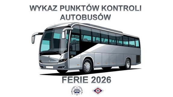 Grafika przedstawiająca autobus, powyżej zapis "Wykaz punktów kontroli autobusów", poniżej zapis "Ferie 2026".