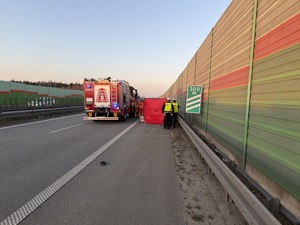Miejsce wypadku drogowego z udziałem motocyklisty zabezpieczane przez służby.