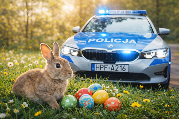 Grafika przenizująca wielkanocnego zajączka i pisanki  na tle policyjnego radiowozu.
