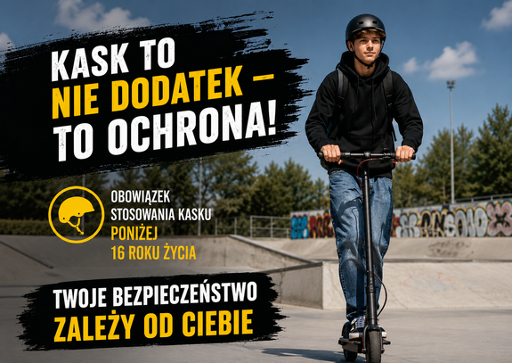 Grafika przedstawiająca młodego chłopca poruszającego się na hulajnodze elektrycznej w kasku.