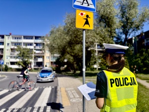 Policjantka w kamizelce odblaskowej stoi tyłem, w tle przejście dla pieszych