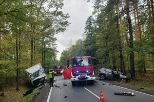 Umundurowany Policjant na miejscu wypadku drogowego  pomiędzy Cyganem a Spałą