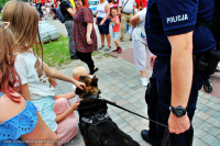 Miejsko-Powiatowy dzień dziecka z udziałem tomaszowskich policjantów na terenie Parku Bulwary. Policjanci z Komendy powiatowej w Tomaszowie Mazowieckim prezentują dzieciom i ich opiekunom sprzęt wykorzystywany w służbie w tym radiowozy, łódź wyposażoną w 200 konny silnik itp.