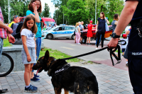 Miejsko-Powiatowy dzień dziecka z udziałem tomaszowskich policjantów na terenie Parku Bulwary. Policjanci z Komendy powiatowej w Tomaszowie Mazowieckim prezentują dzieciom i ich opiekunom sprzęt wykorzystywany w służbie w tym radiowozy, łódź wyposażoną w 200 konny silnik itp.